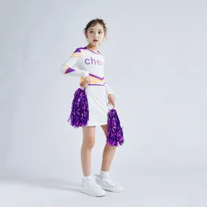 Kids cheerleading uniform performance dress set with purple pompoms for school sports events and stage