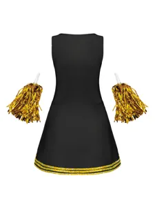 Zwart mouwloos cheerleader kostuum set met gouden pompons voor vrouwen optreden.