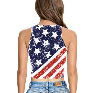 Γυναικείο crop top με τύπωμα αμερικανικής σημαίας, αμάνικο καλοκαιρινό casual γιλέκο.