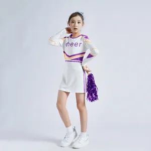Kids cheerleader costume detail, long sleeve white dress with purple stripe design.