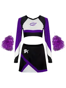 Kids girls long sleeve cheerleading crop top skirt set with pom poms dance performance outfit
