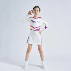 Close-up view of kids cheerleading dress details, featuring purple and yellow stripes, cheer text.