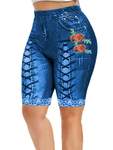 Faux denim print high waist biker shorts with cute lace trim and elegant rose floral details.