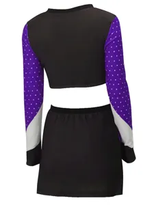 Cheerleading uniform set with purple polka dot long sleeves and black skirt for performance.