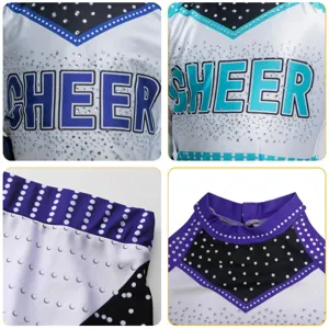 Λεπτομερές κοντινό πλάνο στολής cheerleading για παιδιά με γράμματα από στρας στο στήθος.