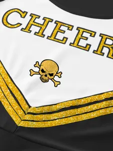 Mouwloze cheerleading uniformtop in zwart en wit met gouden glitterdetails en schedelgrafisch.