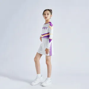 Detailed view of children's long-sleeve cheerleading dress with purple and yellow stripes.