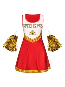 Cheerleader kostuum detail met gouden CHEERS opdruk, doodshoofd motief en pompons.