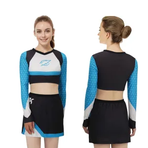 Women long sleeve cheerleading uniform crop top and skirt set for stage performance party.