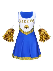 Blauwwitte mouwloze cheerleader kostuum jurk voor dames met gouden pompons details.