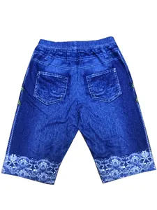 High waist elastic imitation denim shorts detail, showing back pockets and white lace hem.