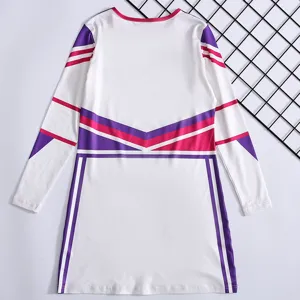 Kids long sleeve cheerleading dress detail, white with purple and pink stripe design.