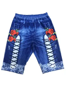 Fashion high waist printed denim effect shorts with rose and lace-up details for women.