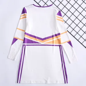 Detail view of kids long sleeve cheerleading dress with purple and orange chevron stripes.