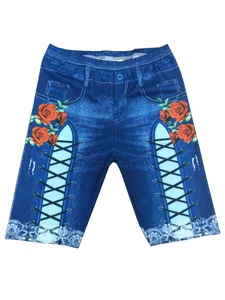 Detailed view of fashionable high waist stretch faux denim shorts with lace-up rose print.