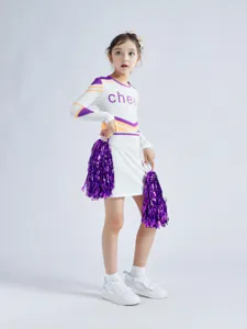 Kids cheerleading costume long sleeve dress with purple pom poms for school sports meeting