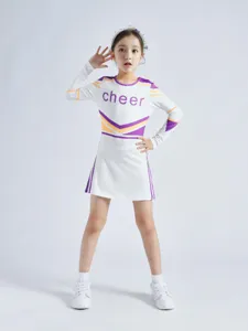 Kids cheerleader costume long sleeve purple white dress for girls sports performance and party.