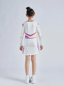 Kids Long Sleeve Cheerleader Dress Performance Costume in White Purple and Yellow