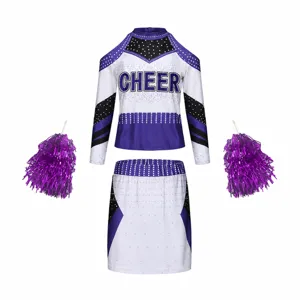 Kids purple white cheerleading uniform set long sleeve top skirt with cute pom poms.