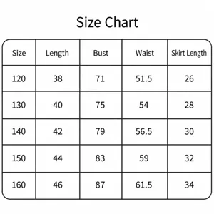 Size chart for kids cheerleader costume, detailing top length, bust, waist, and skirt dimensions.