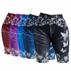 Women's Casual High Waist Slimming Floral Print Denim-Look Mid-Thigh Shorts Stretch Breathable Basic Shorts