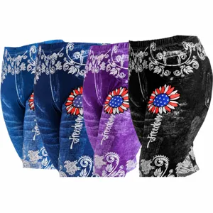 Women's High Waist Floral Print Biker Shorts Milk Silk Faux Denim Sunflower Slimming Stretchy Bottom Five-Point Legging Shorts