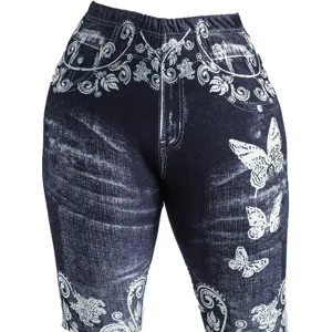 Women's high waist denim print cycling shorts with butterfly patterns, stretch workout pants.