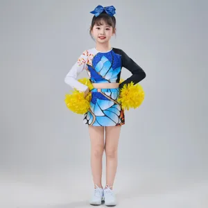 Kids cheerleading costume set with crop top and skirt, vibrant butterfly design, dance outfit.