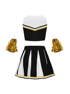 Ensemble de costume de pom-pom girl noir et blanc pour adulte avec pompons dorés scène.