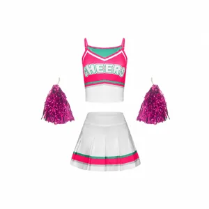 Kids Cheerleading Uniform Set Student Sports Meet Performance Outfit Top And Pleated Skirt With Pom Poms Cheers Print