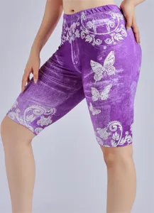 Women's high waist faux denim printed cycling shorts slim fit purple five point active pants