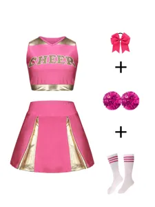 Pink cheerleading costume set featuring sleeveless crop top, pleated skirt, hair bow and pom poms.