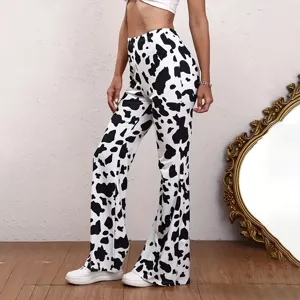 High waist cow print flare pants women stretchy casual yoga leggings fashionable slim fit bottom