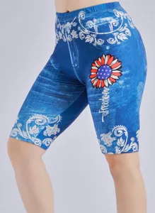 Women high waist denim print cycling shorts floral patterned casual tight fitness pants detail