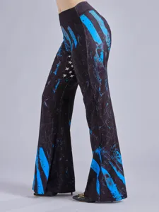 Detailed view of women high waist flare pants with blue abstract print and star side pattern.