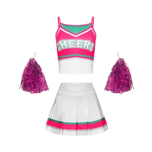 Kids Cheerleading Uniform Outfit Pink V-Neck Tank Top Pleated Skirt with Pompoms