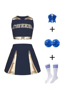 Detailed view of the dark blue cheerleading uniform set featuring crop top and pleated skirt.