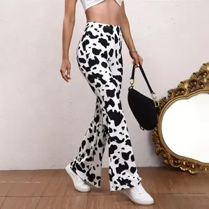 High waist black white cow print flare pants women stretch casual bell bottom trousers