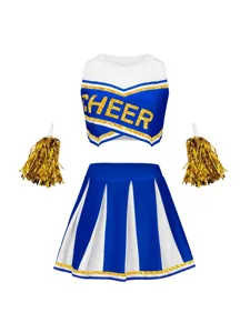 Ensemble de pom-pom girl adulte costume de performance bleu blanc pompons or détail