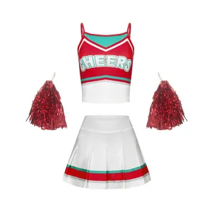 Detailed view of kids cheerleading costume, red white crop top, pleated skirt and pom poms.