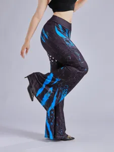 Close-up detail of women's high-waisted flared trousers with patriotic print and blue streaks.