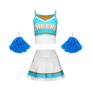 Kids cheerleading uniform set including crop top, pleated skirt and blue pom poms for sports.