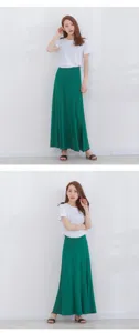 Women high waist long green skirt and white t-shirt set, casual daily wear outfit.