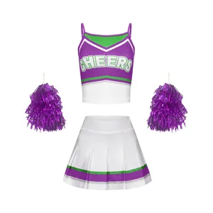 Kids cheerleading uniform set crop top pleated skirt and pom poms for school sports performance.