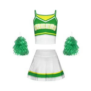 Kids cheerleader costume set crop top pleated skirt with pom poms for dance performance