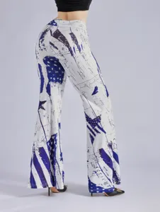 Women American flag print flare pants slim fit casual long trousers detailed back view.