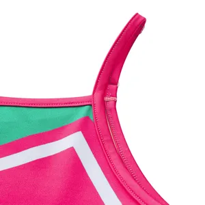 Close-up detail of children cheerleading uniform shoulder strap with pink green white color