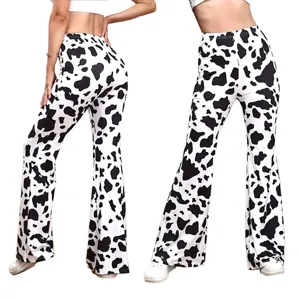 Women's High Waist Cow Print Flare Pants Stretchy Casual Yoga Barbie Leggings Pants.