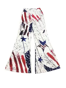 Detailed view of women's vintage American flag and map print flare trousers with unique design.