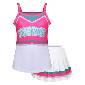 Kids cheerleading uniform set, pink and white sleeveless top and pleated skirt for girls.